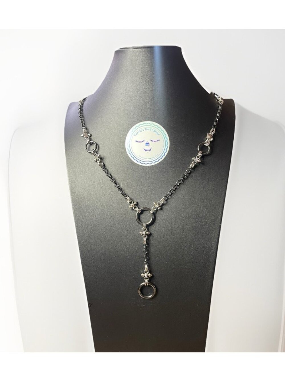 Hard Rock Black Silver Tone Chain Necklace Y Drop Punk Goth Statement 19” Adjust